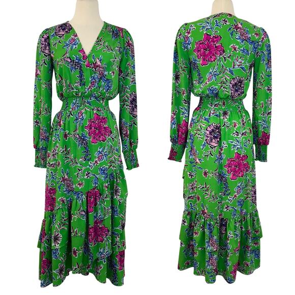 Lilly Pulitzer Cristiana Stretch Midi Dress Gecko Green Brewsters Bloom Floral 0 - Picture 1 of 14